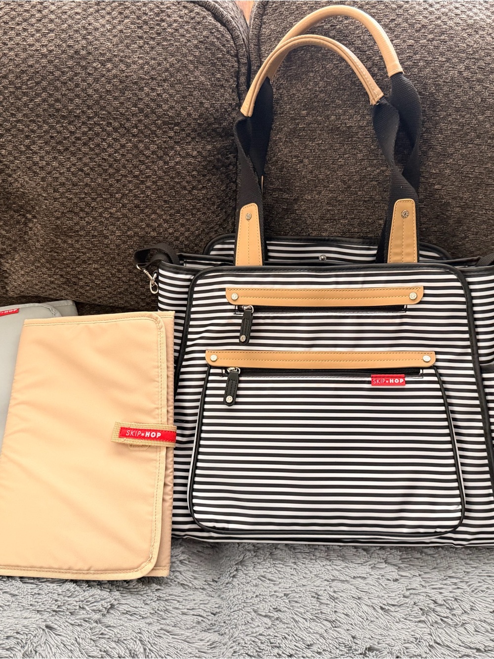 Skip Hop Black & White Striped Diaper Bag with Tan Accents